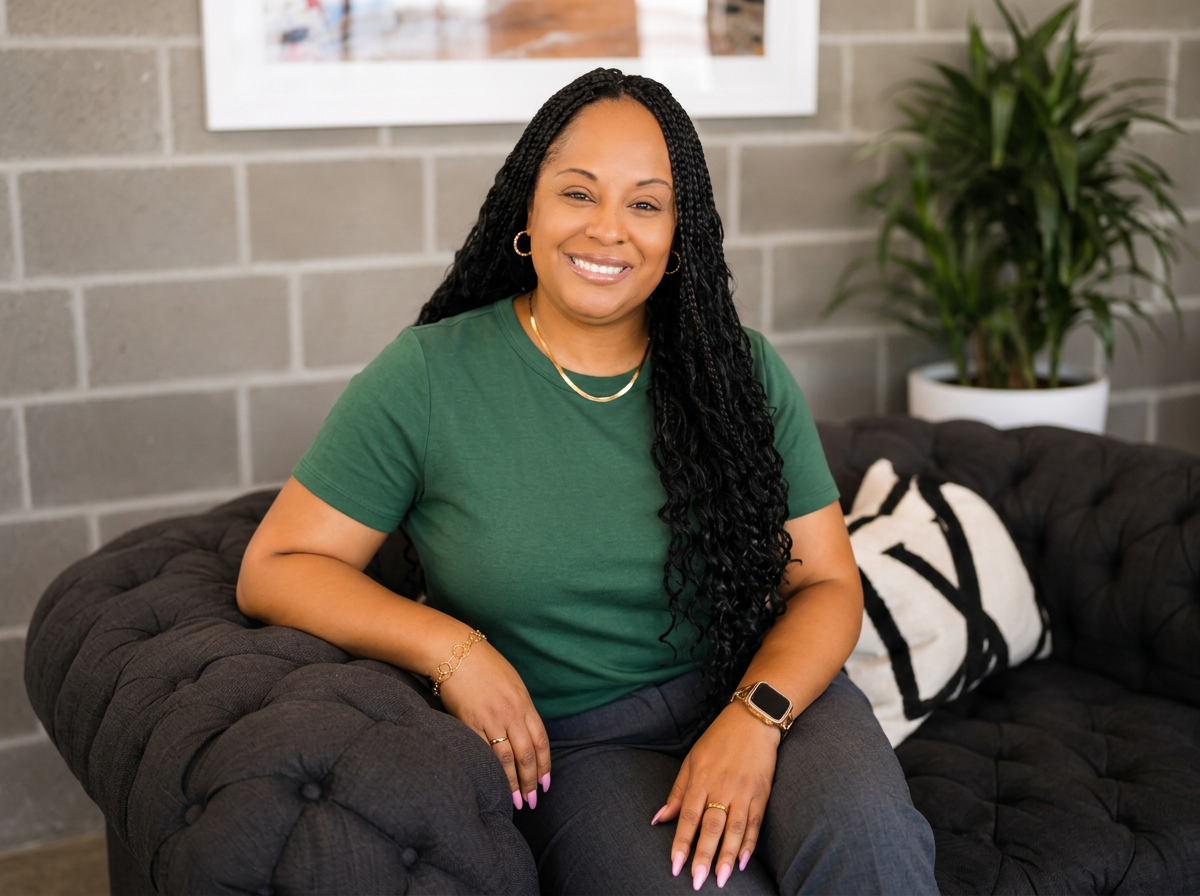A woman with long black curly hair sitting on a black couch, smiling, wearing a green t-shirt, gold jewelry, and a smartwatch, in a modern room with a brick wall and a potted plant in the background.