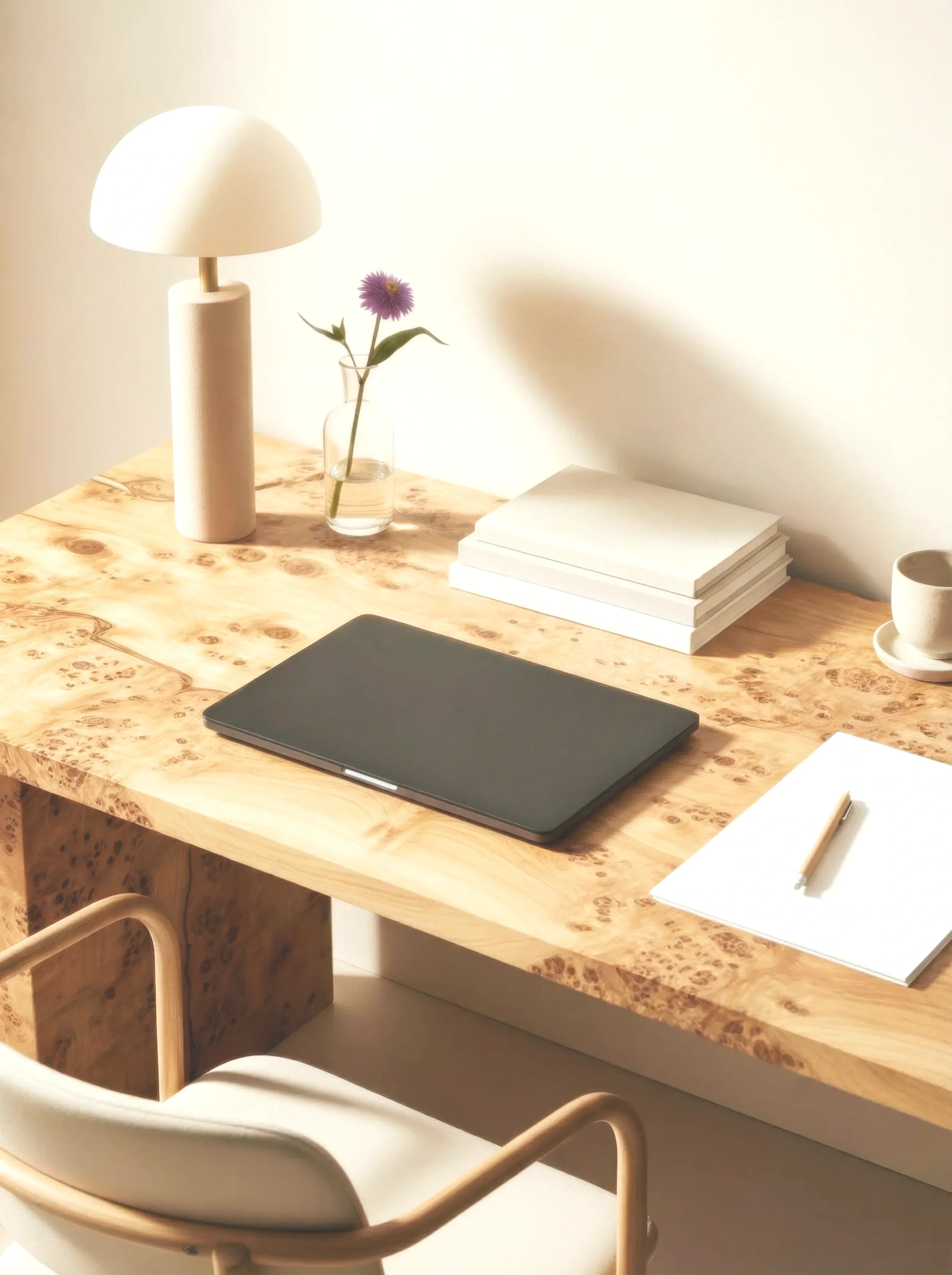 Wooden desk with a closed black laptop, a white notepad with a pen, a glass vase with a purple flower, a white table lamp, and a stack of white books. A part of a white chair is visible in the foreground.