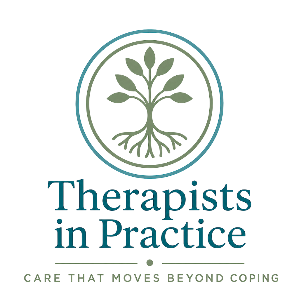 Logo for Therapists in Practice featuring a tree inside a circular border and the text "Therapists in Practice" with the tagline "Care That Moves Beyond Coping" below.