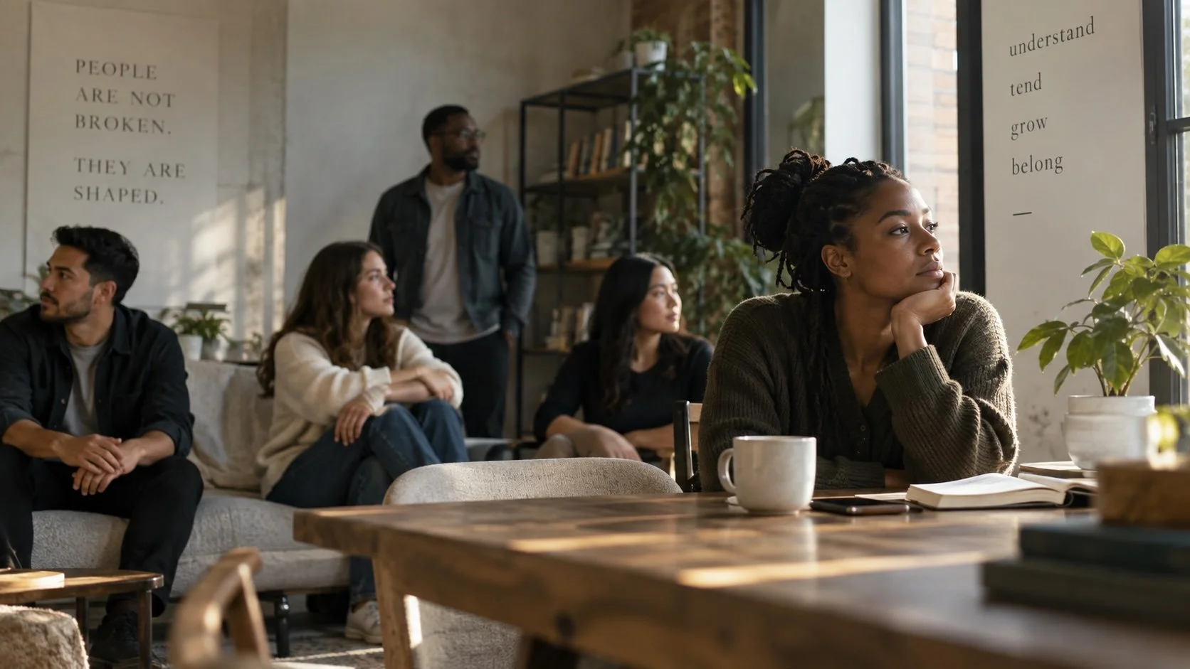 Group of diverse people sitting in a modern, cozy room with large windows, listening attentively during a gathering or meeting. A woman in the foreground looks out contemplatively, while others are seated or standing in the background. Decor includes plants, bookshelves, and motivational quotes on the walls.
