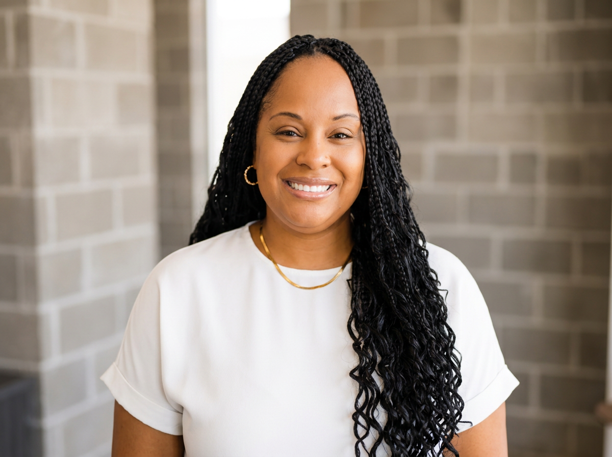 Smiling woman with long, black, twisted braids wearing a white shirt, gold hoop earrings, and a gold necklace, standing in front of a brick wall.
