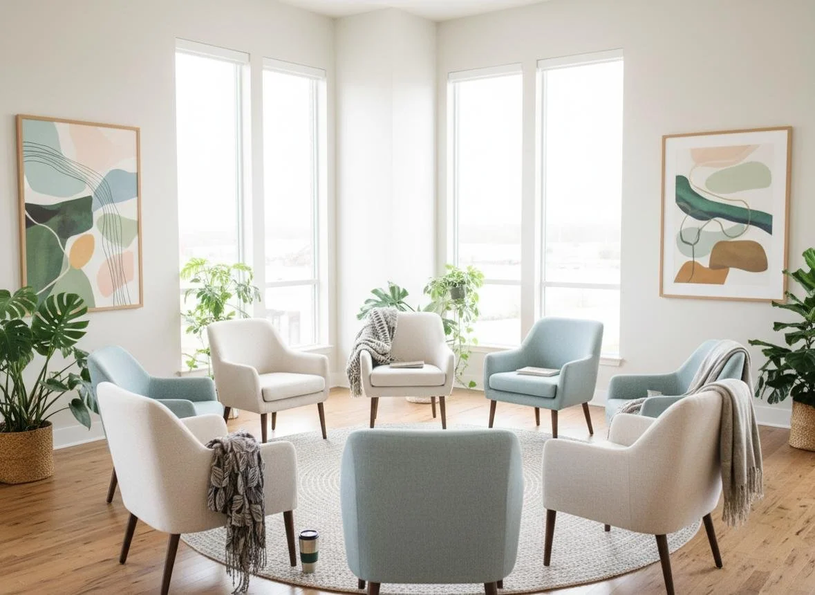 Bright living room with a circular arrangement of seven pastel-colored armchairs and small tables, large windows with white blinds, and framed abstract art on white walls, with potted plants.