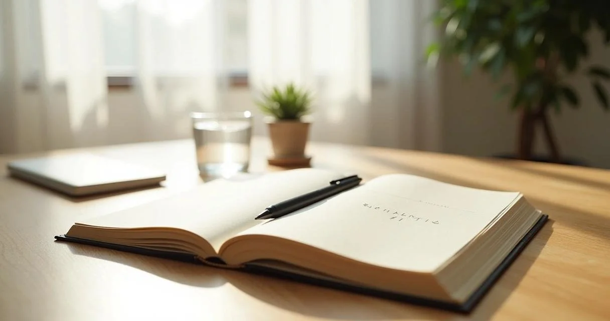 Open notebook with handwriting on a wooden table, with a black pen, closed notebook, glass of water, potted plant, and sunlight coming through curtains in the background.