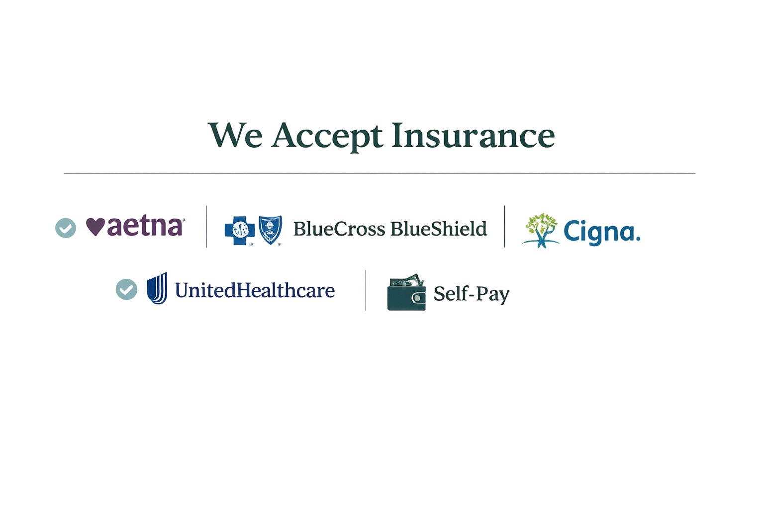 A digital graphic with the text 'We Accept Insurance' at the top. Logos of various insurance providers such as Aetna, Blue Cross Blue Shield, Cigna, and UnitedHealthcare are displayed below, along with icons for Self-Pay and an unspecified healthcare symbol.
