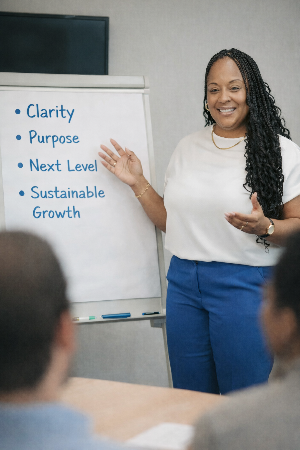 A woman giving a presentation in front of a whiteboard with a list of four words: Clarity, Purpose, Next Level, Sustainable Growth. She is smiling, gesturing with her left hand, and standing in a professional setting.