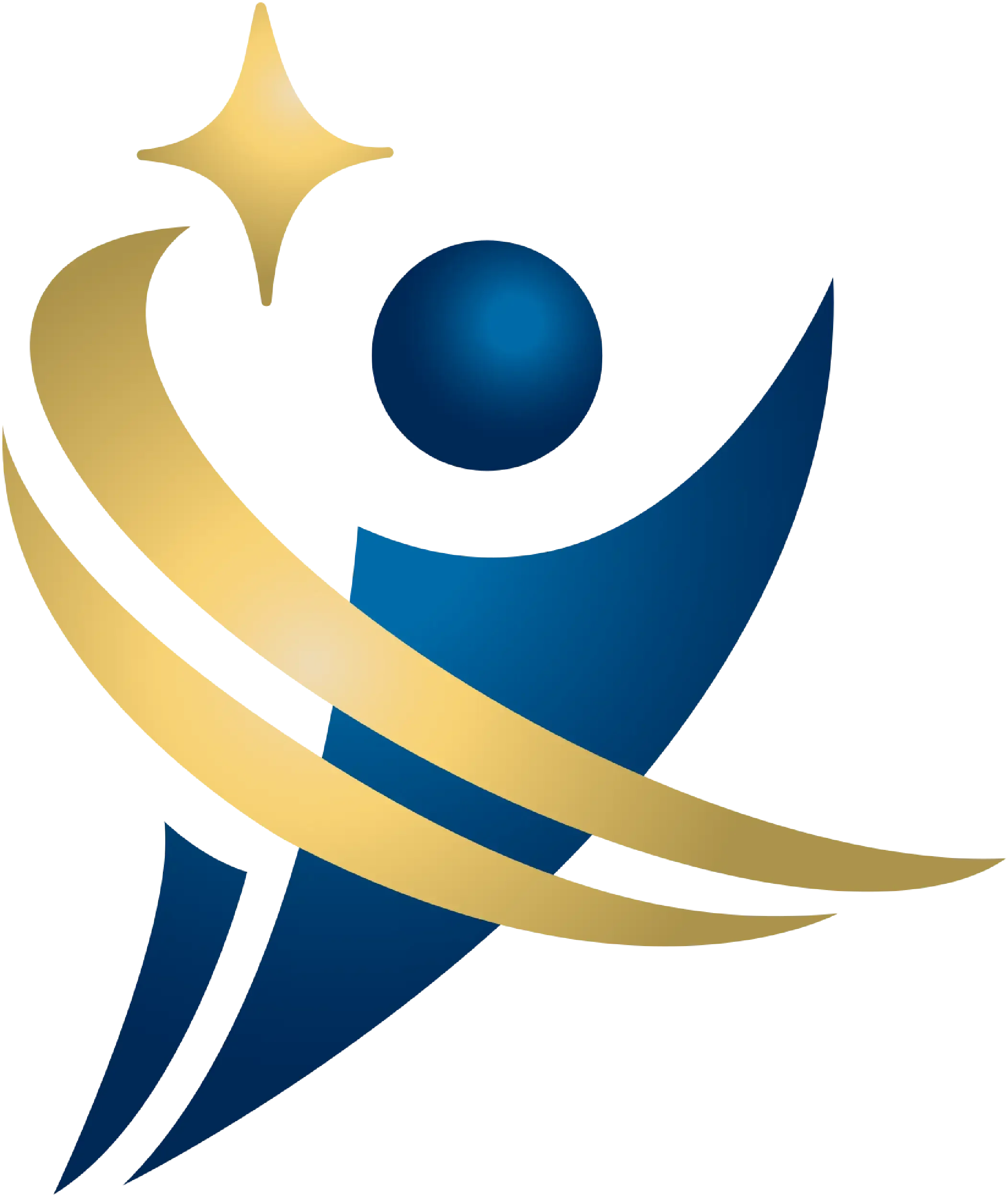 A logo mark featuring a blue abstract figure with a sphere head and a yellow star above, with golden curved lines arching down from the star across the torso
