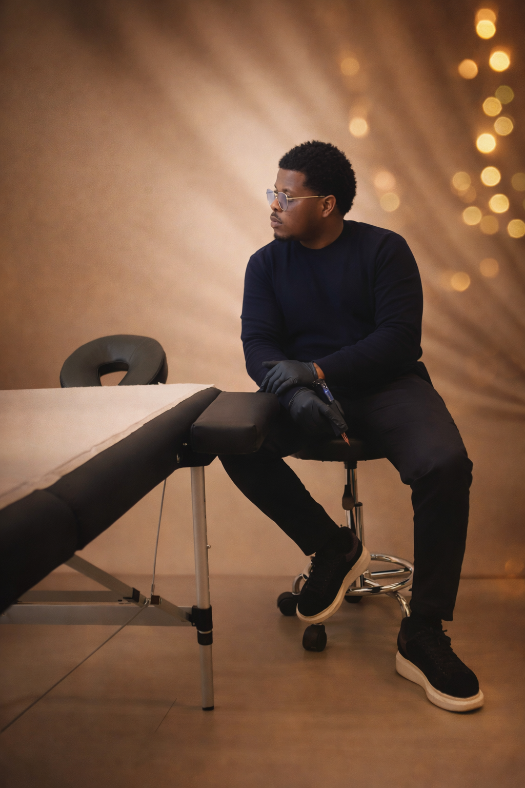 Un homme assis sur un tabouret dans une salle de massage ou de tatouage, portant des gants noirs et des lunettes de soleil, avec un fond à motifs lumineux dorés.
