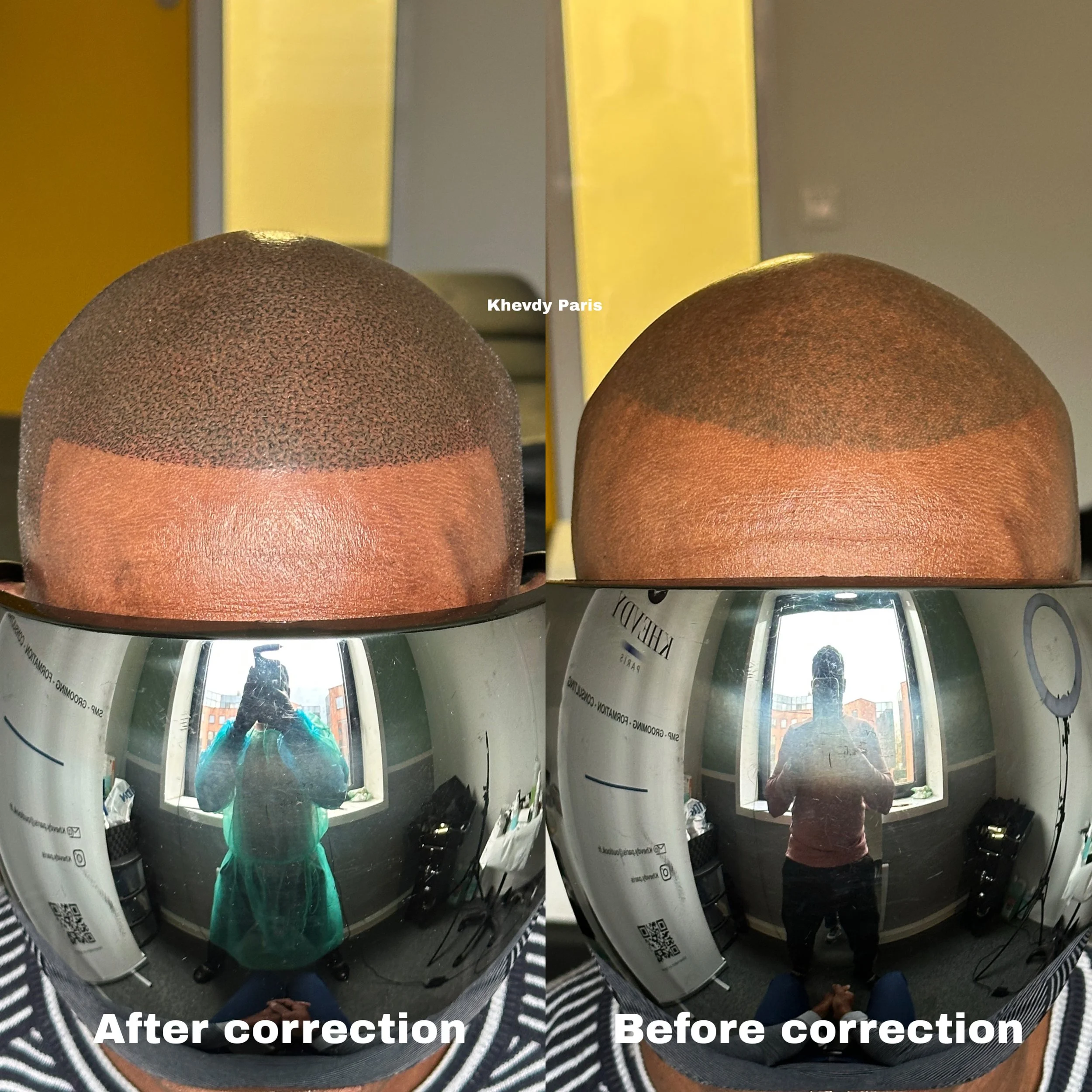 Comparaison visuelle de deux images offrant des vues en tête et en miroir d'un salon de coiffure, illustrant la correction de la coupe de cheveux pour obtenir un look plus uniforme et soigné.