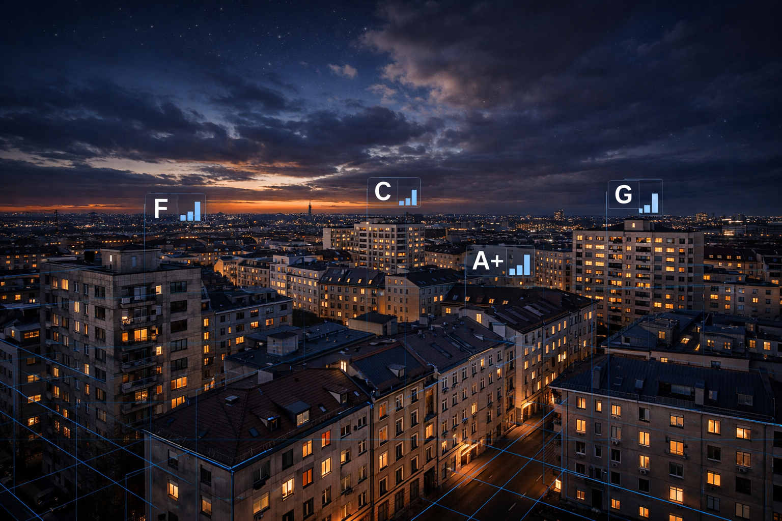 Stadtansicht bei Sonnenuntergang mit vielen Wohngebäuden, Wolken am Himmel und digitalen Überlagerungen mit verschiedenen Buchstaben und Balkendiagrammen