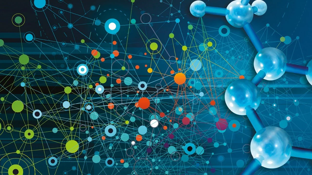 Digital illustration of interconnected molecules and chemical structures with interconnected lines and bright colors.