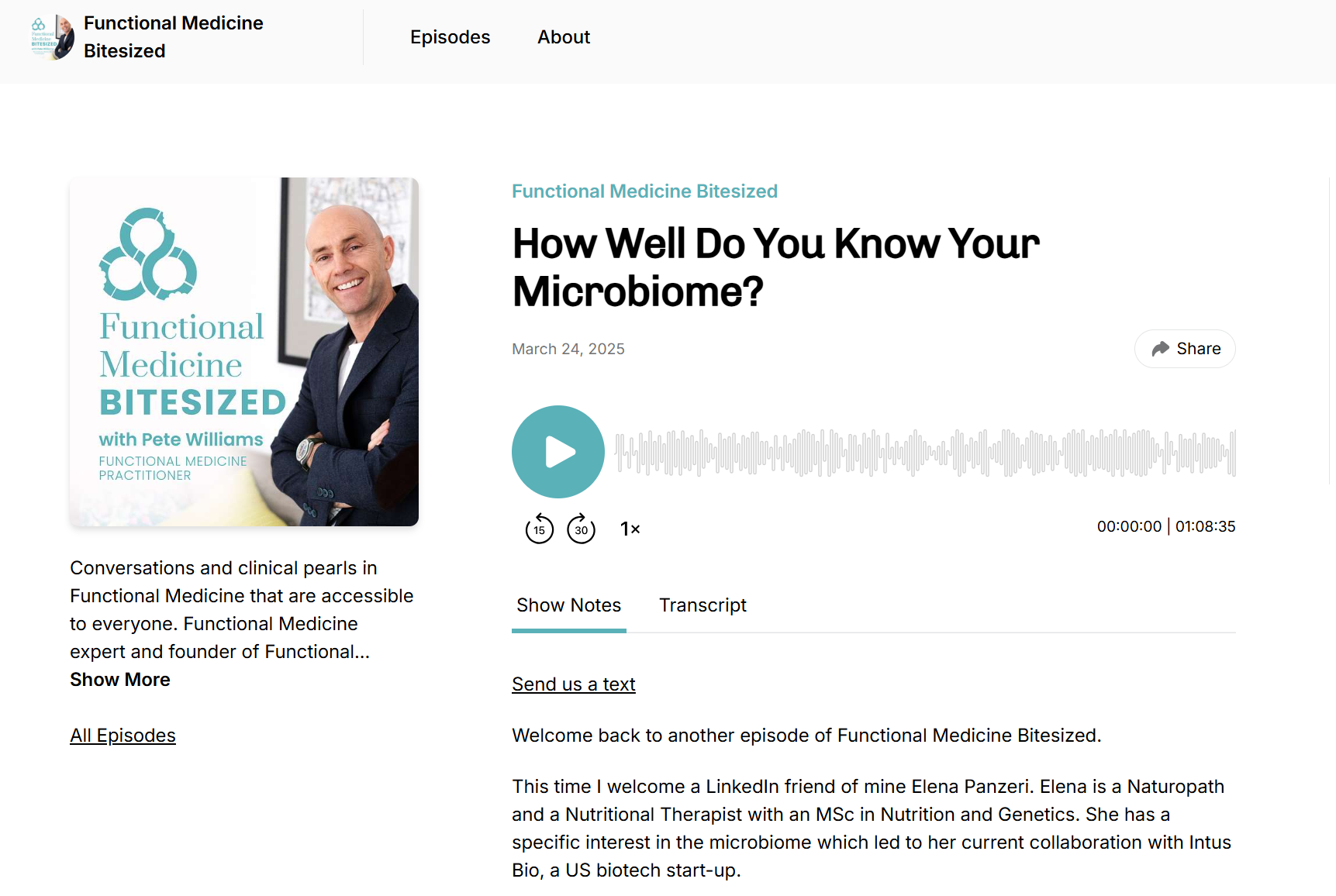 Online episode page of the 'Functional Medicine Bitesized' podcast with Pete Williams, showing the episode titled 'How Well Do You Know Your Microbiome?' with a picture of Pete Williams, a bald man in a dark blazer, smiling, standing against a blurred background, and a podcast playback interface.