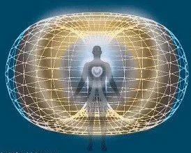 A human figure surrounded by a glowing, geometric, halo-like structure with a heart symbol on the chest, representing energy or spiritual connection.
