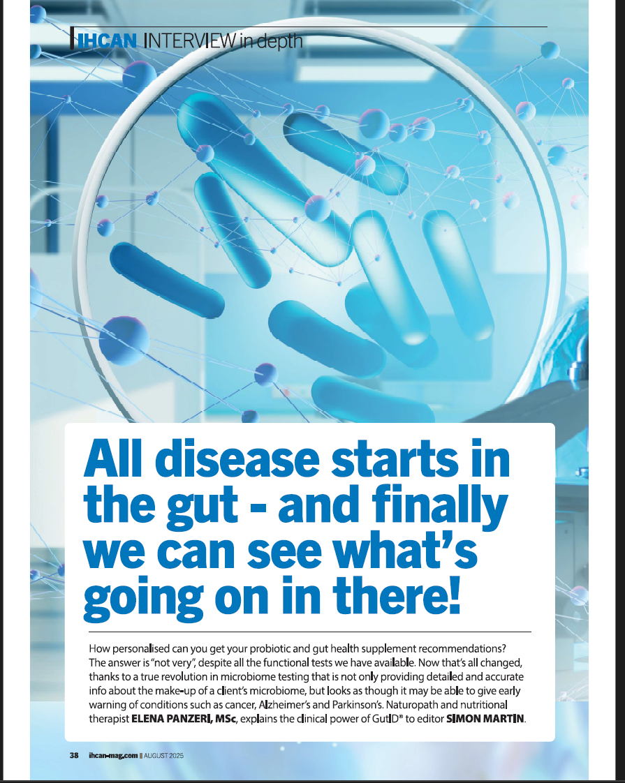 Magazine cover with scientific imagery of bacteria and molecules, and a headline about the gut microbiome and health testing.