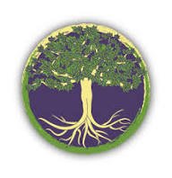 A circular logo with a large green tree and visible roots, set against a dark blue background.