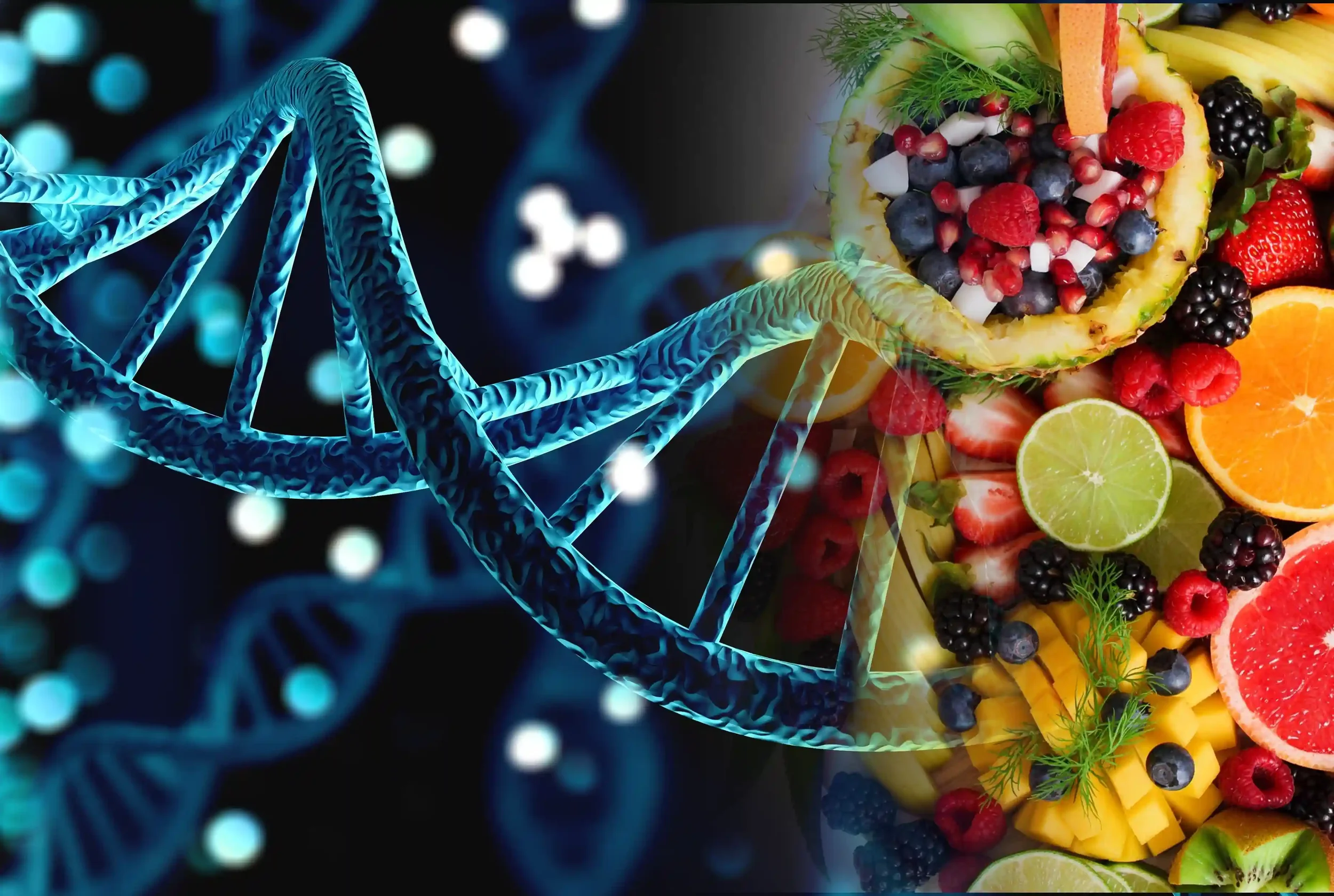 Illustration of a DNA double helix next to a colorful assortment of cut fruit including strawberries, blueberries, blackberries, raspberries, orange, lime, and mango, symbolizing genetics and healthy foods.