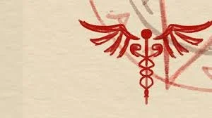 Close-up of a red caduceus symbol with wings on a beige background.
