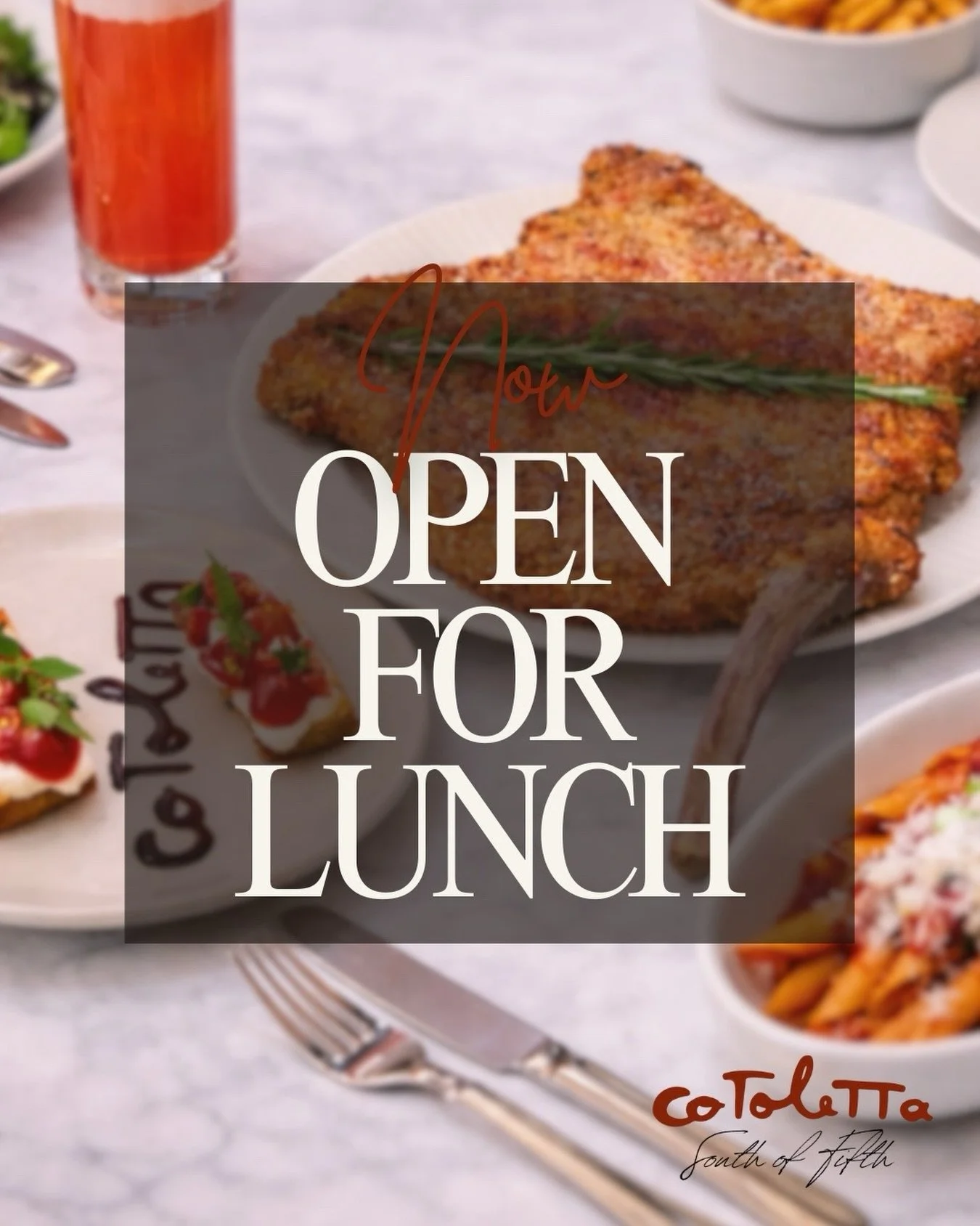 We&rsquo;re excited to announce that Cotoletta South of Fifth, starting this Thursday, will be open for lunch 🍽️ Join us midday and enjoy your favorite dishes meant to be shared. 

Call us to make a reservation at +1 (305) 397-8150 or check availabl