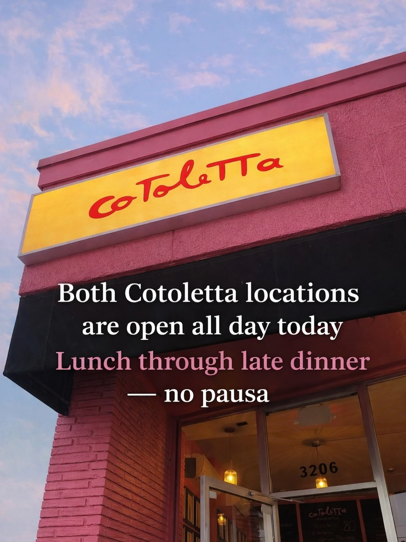 Today, BOTH @cotoletta.miami locations open at 12:30 PM and stay open through our dinner service, no pausa! 

Come enjoy a shared lunch or dinner with us!