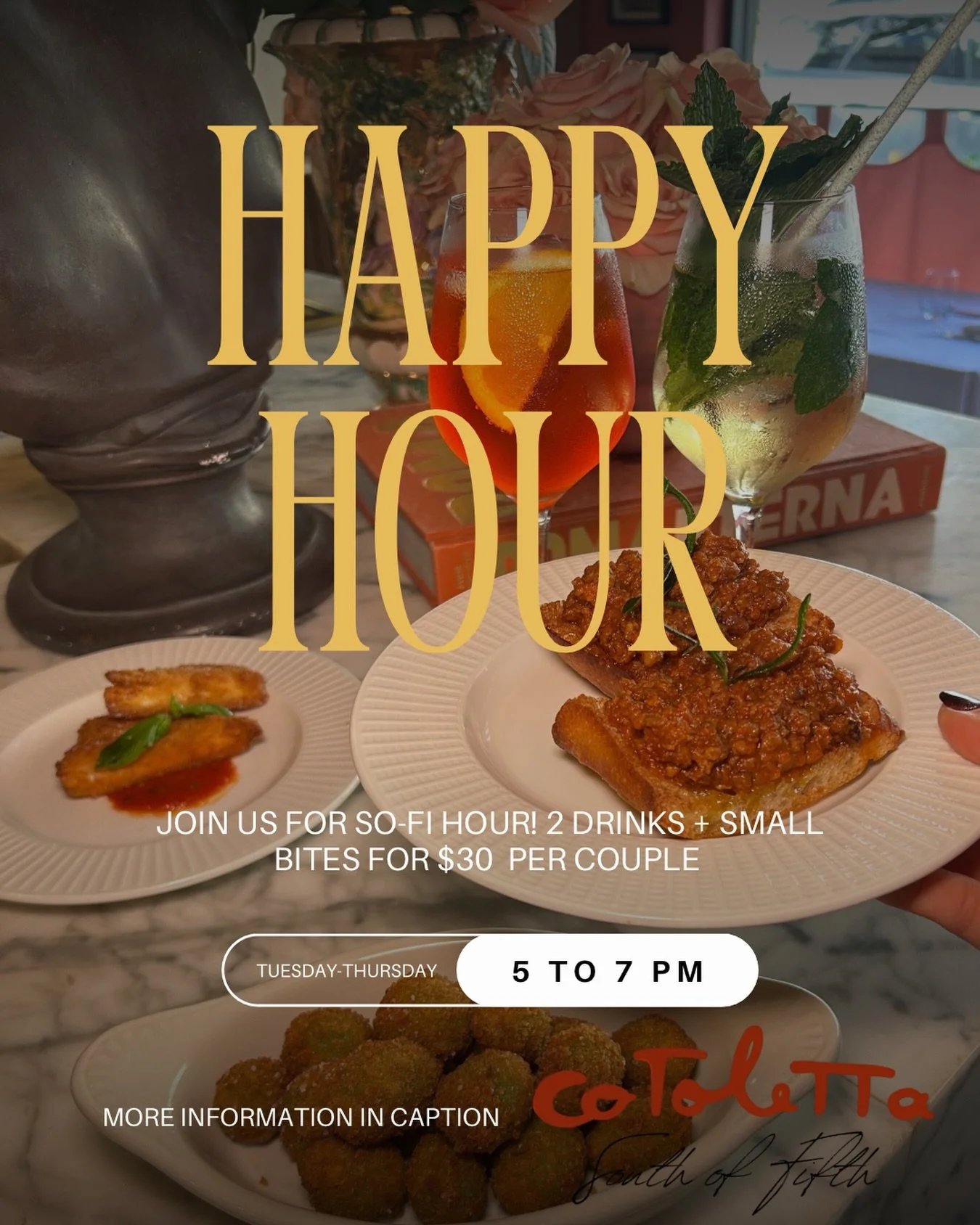 🍸 Get ready. Starting today, we&rsquo;re introducing SO-FI HOUR at our Cotoletta SoFi location.

Aperitivo, the Italian way.

For $30, bring your favorite person and share the moment.
Two drinks + our aperitivo bites of the day. 
Joining us solo? Yo