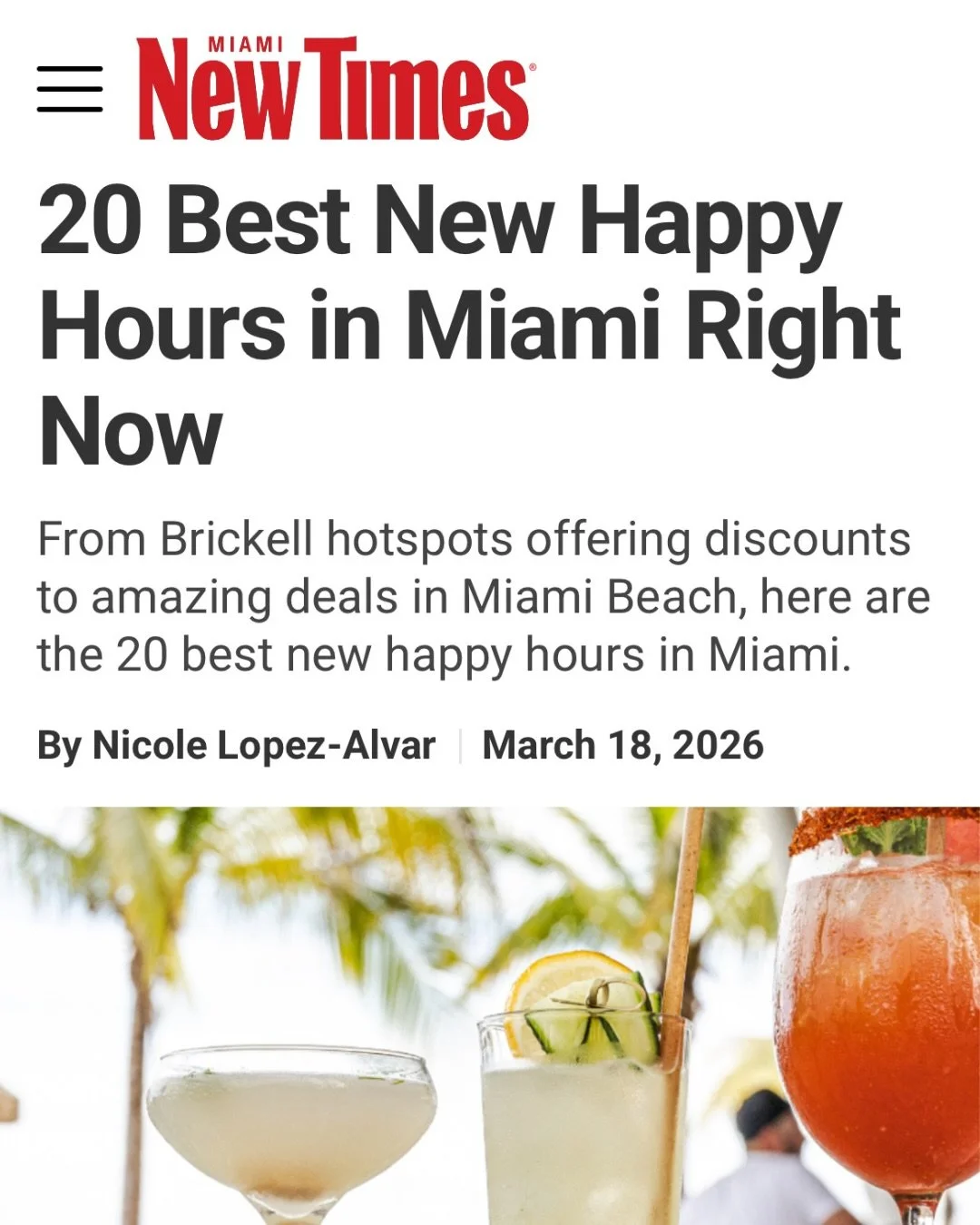 Honored to be featured by @miaminewtimes as one of the best new happy hours in Miami 🥂✨

Join us Monday&ndash;Thursday from 5&ndash;7 p.m. for our aperitivo-style experience, because great drinks, bites, and even better company are what we&rsquo;re 