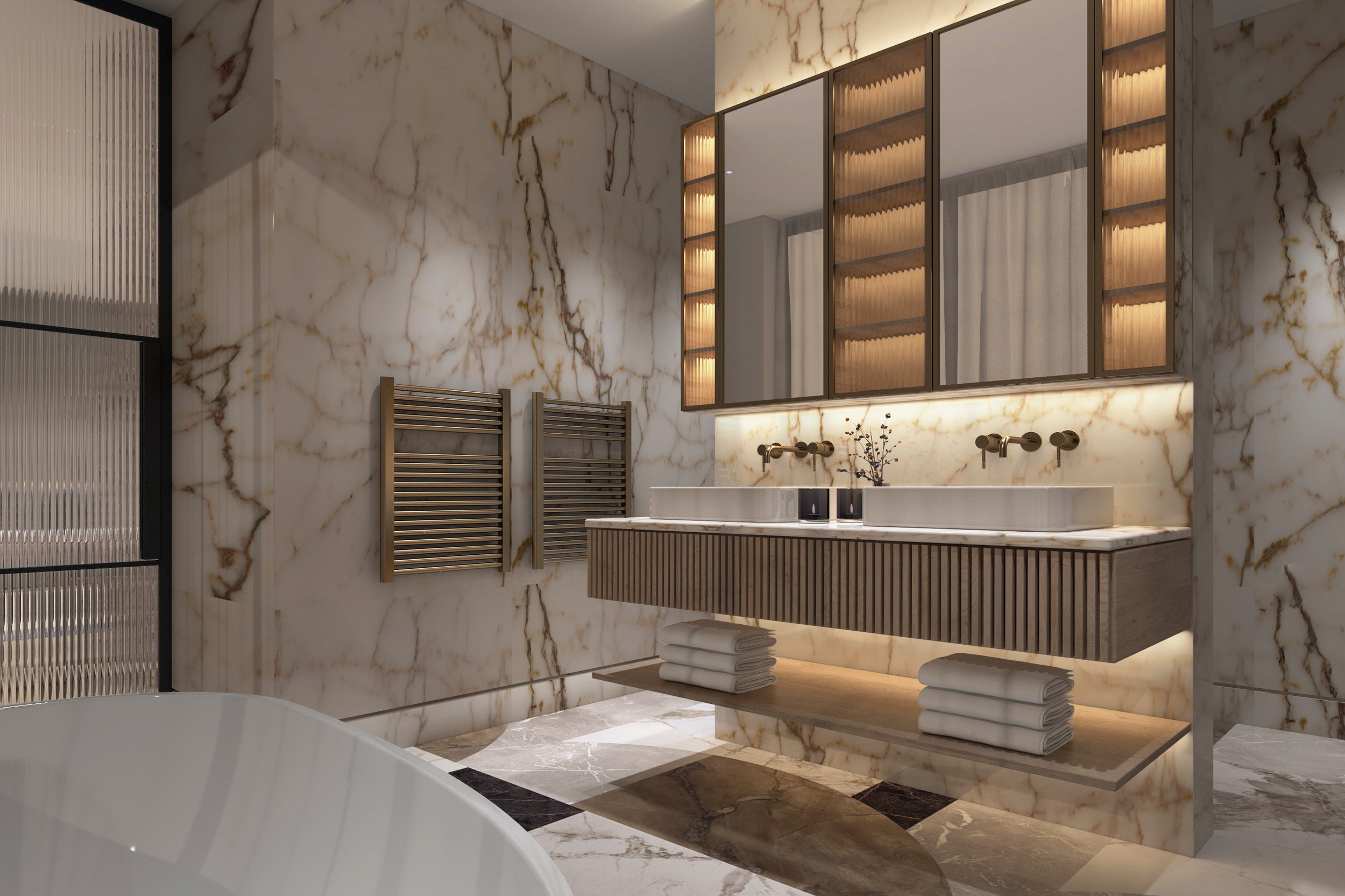 Luxurious bathroom with marble walls and floors, a double sink vanity with underlit shelves, and a large mirrored cabinet above the sinks.