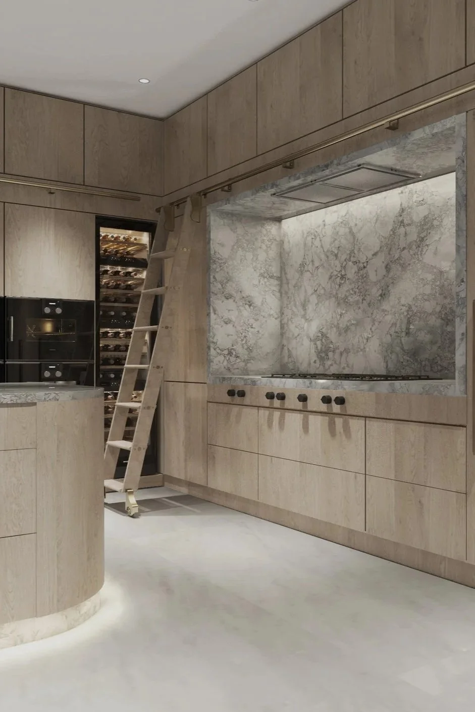 Modern kitchen with light wood cabinetry, marble backsplash, built-in oven, and wine fridge, with a small wooden ladder leaning against the wall.