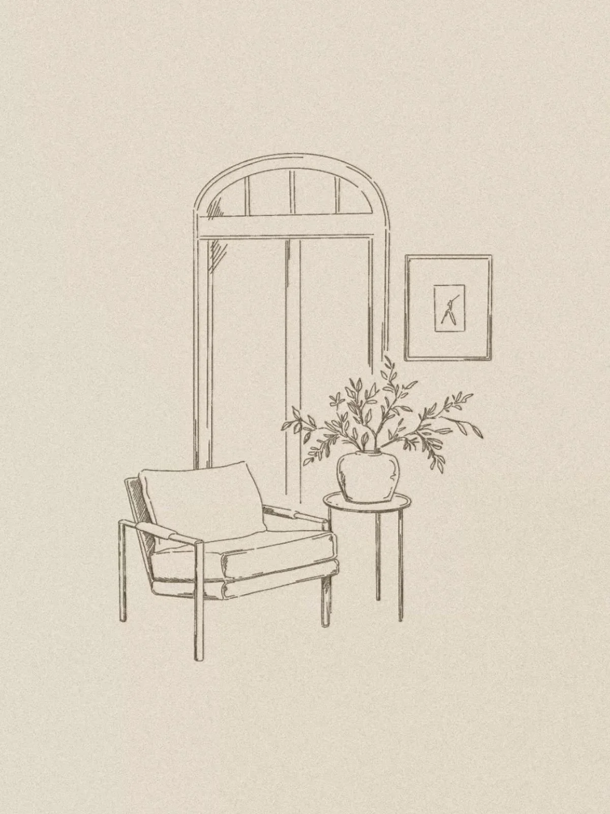 Minimalist line drawing of a cozy interior corner with a window, a framed picture on the wall, a small side table with a potted plant, and a modern armchair.