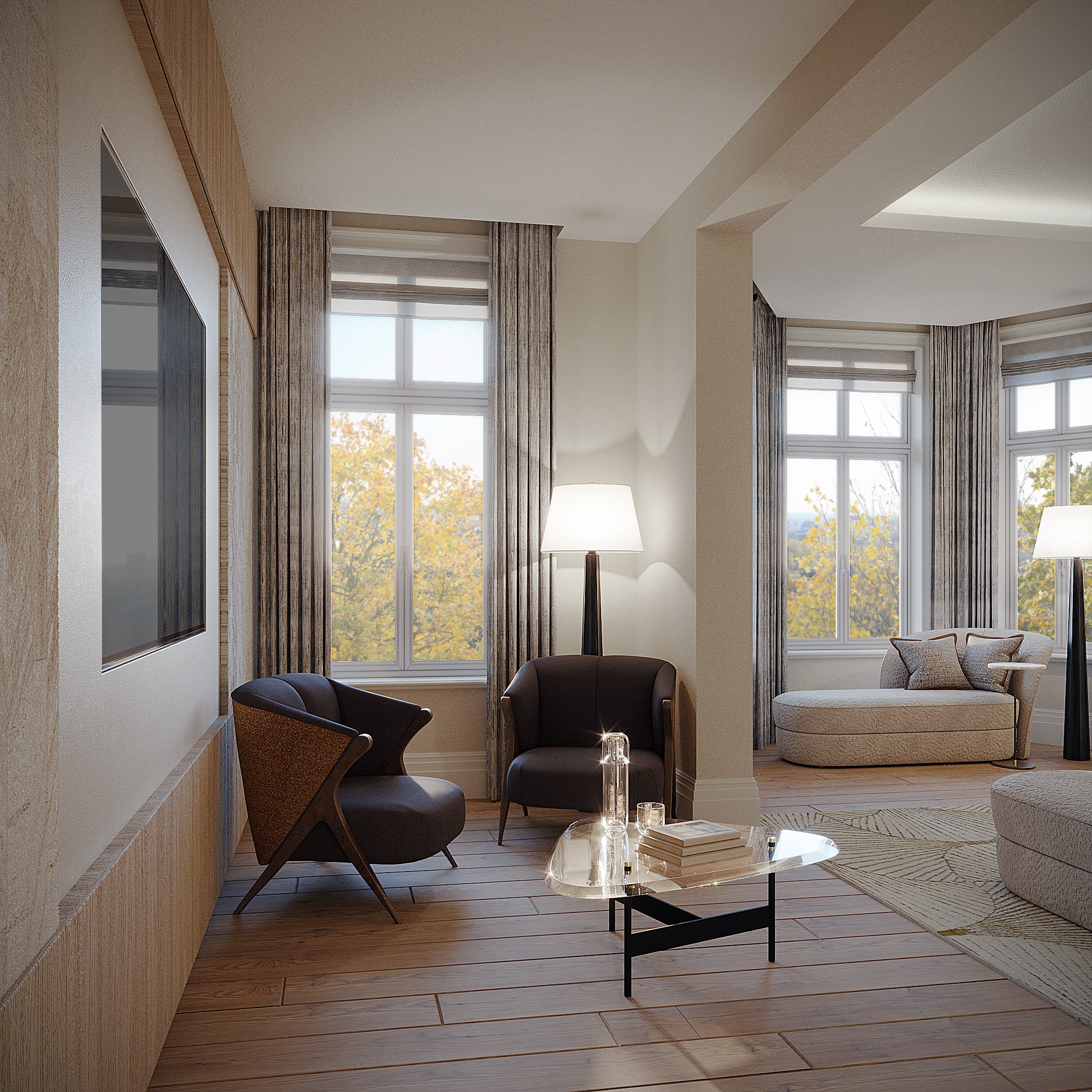 Modern living room with large windows, beige walls, wooden floors, and furniture including a black armchair, a white chaise lounge, side tables, and floor lamps.