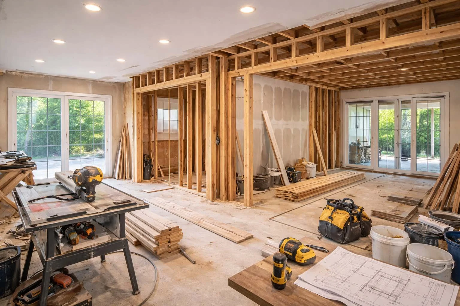 Interiores en construcción con estructura de madera, herramientas, y ventanas grandes.