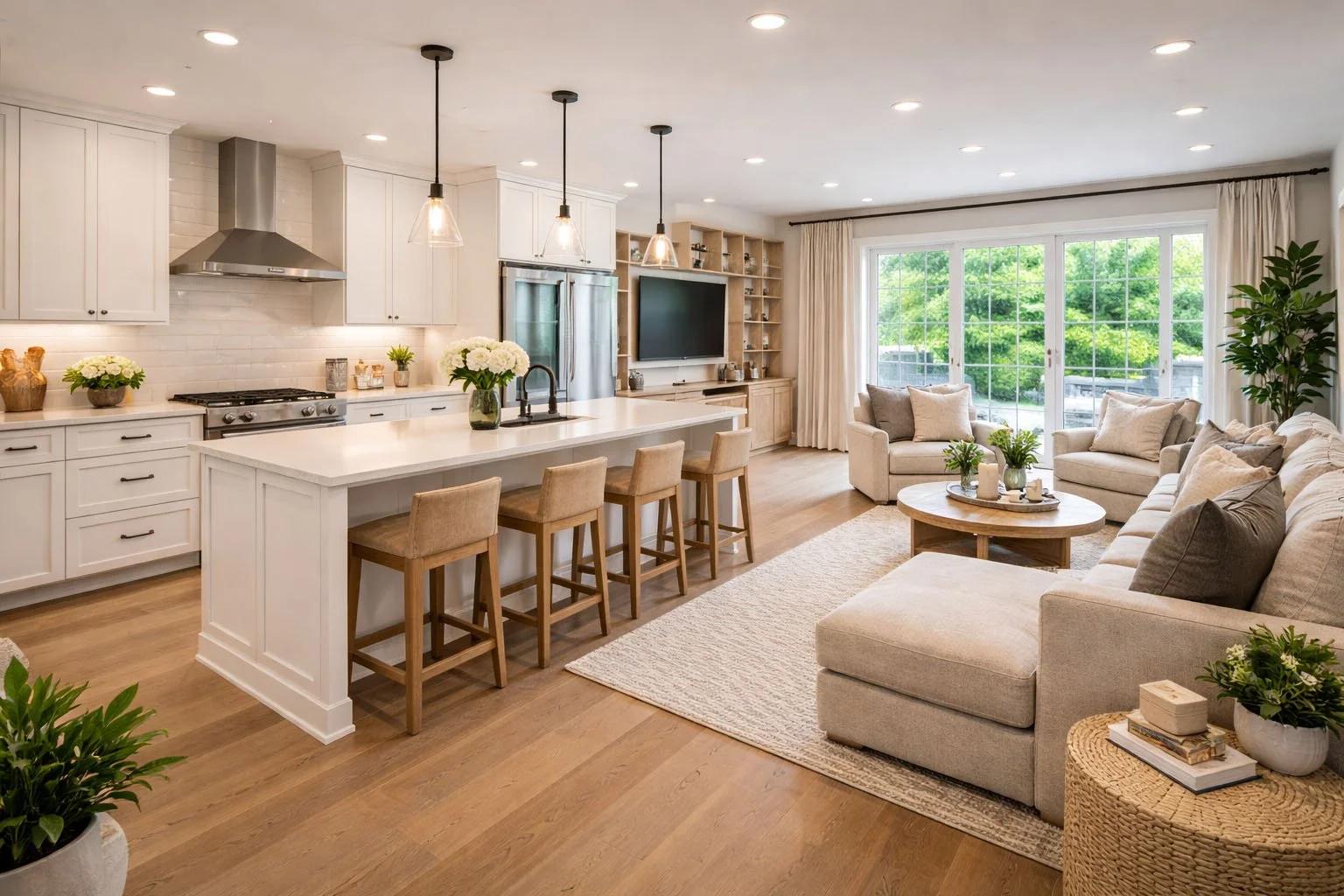Sala y cocina en un espacio abierto, con muebles de tonos claros, mucha luz natural y decoración con plantas verdes.