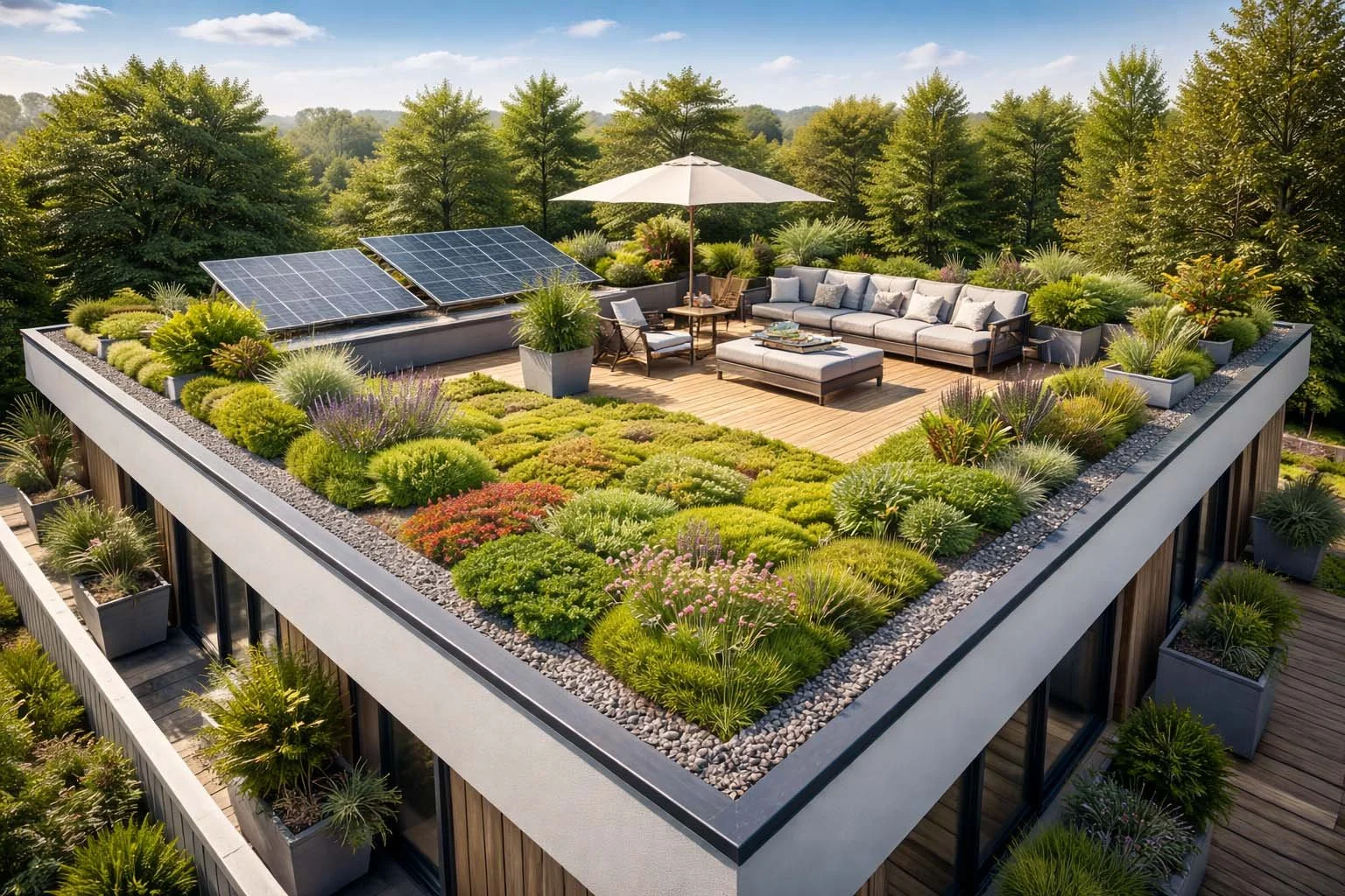 Terraza en la azotea con muebles de patio, un paraguas y paneles solares, rodeada de plantas verdes y arboles