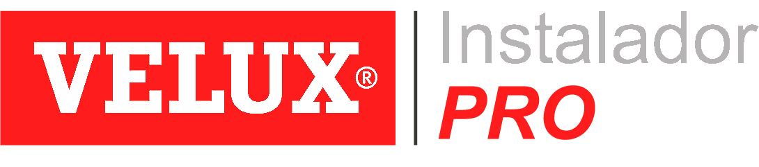 Logotipo de Velux Instalador Pro con fondo rojo y letras blancas y negras.