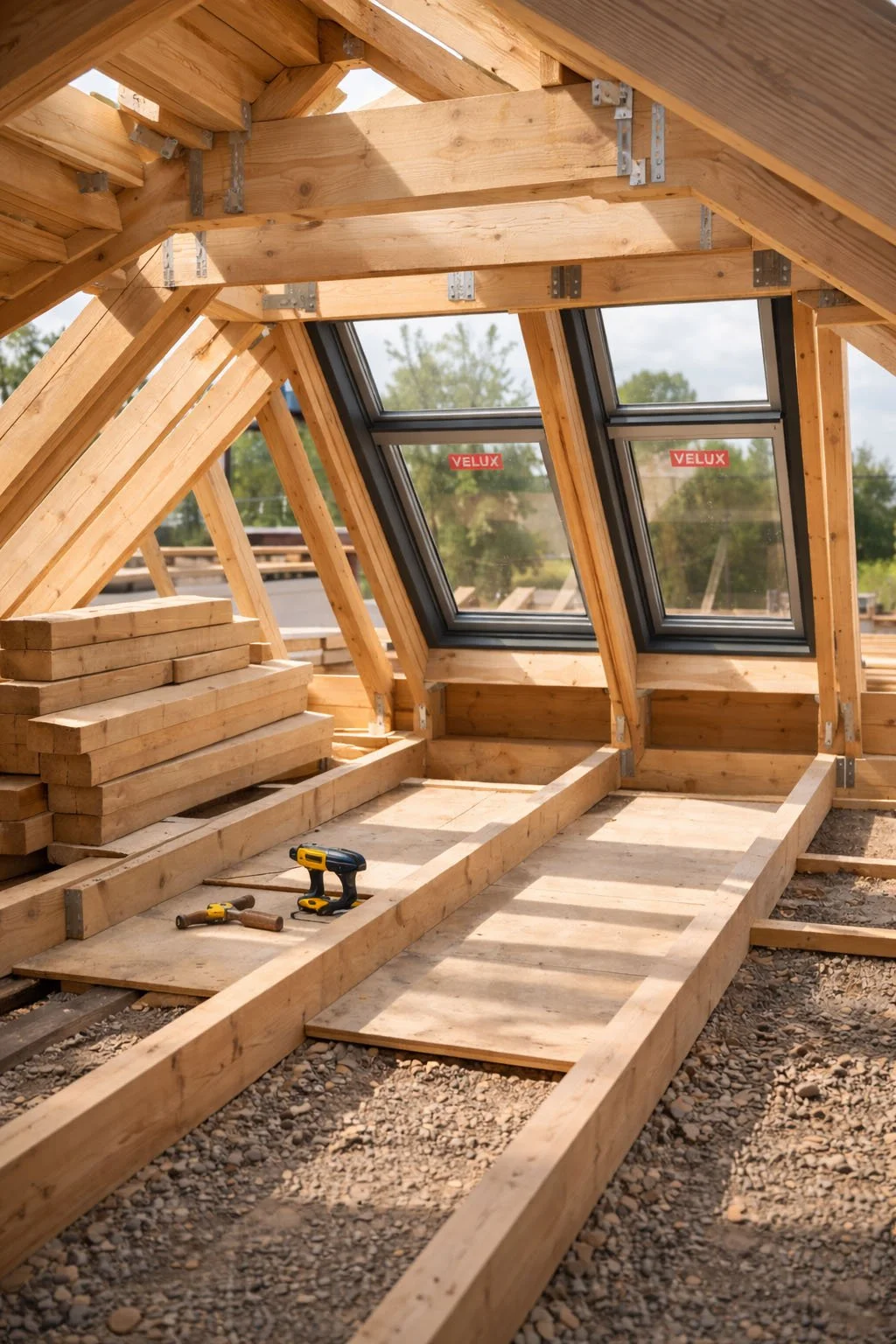 Interior de una estructura de madera en construcción con ventanas de doble acrílico y herramientas como un taladro, martillos, y madera apilada en un lado.