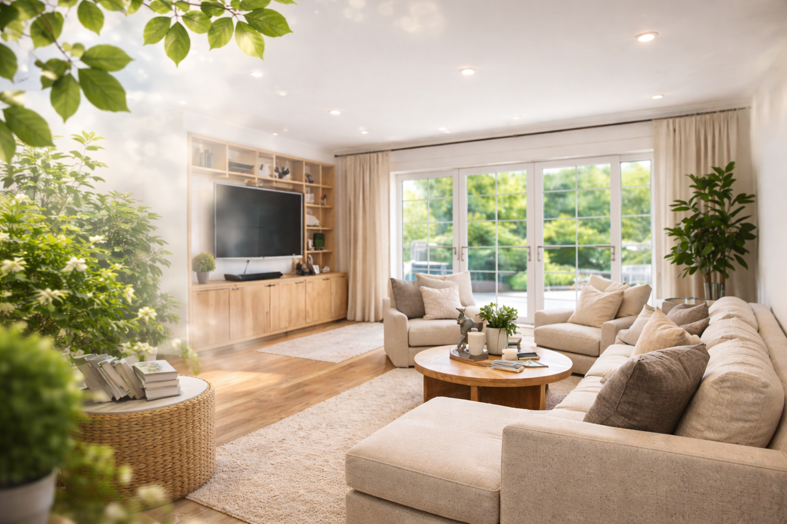 Sala de estar con sillones beige, mesa de centro de madera, televisión en pared, estantería de madera y plantas verdes junto a ventanas grandes que permiten vista al exterior.