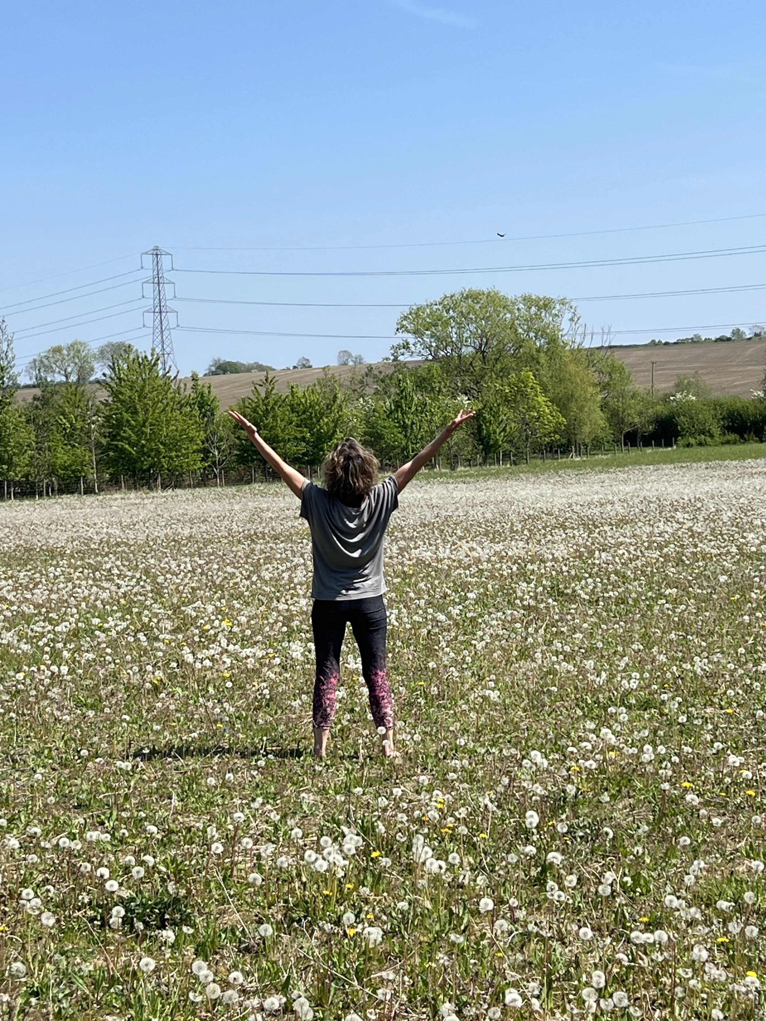 Person standing in a field of white flowers with arms raised, green trees in the background, blue sky with few clouds, and power lines overhead.