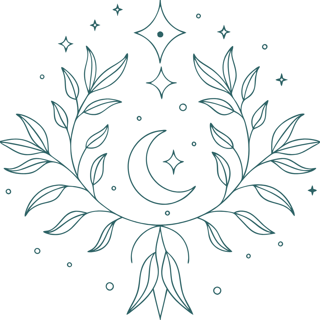 Line drawing of celestial and botanical elements, including a crescent moon, stars, and leafy branches, arranged symmetrically on a black background.