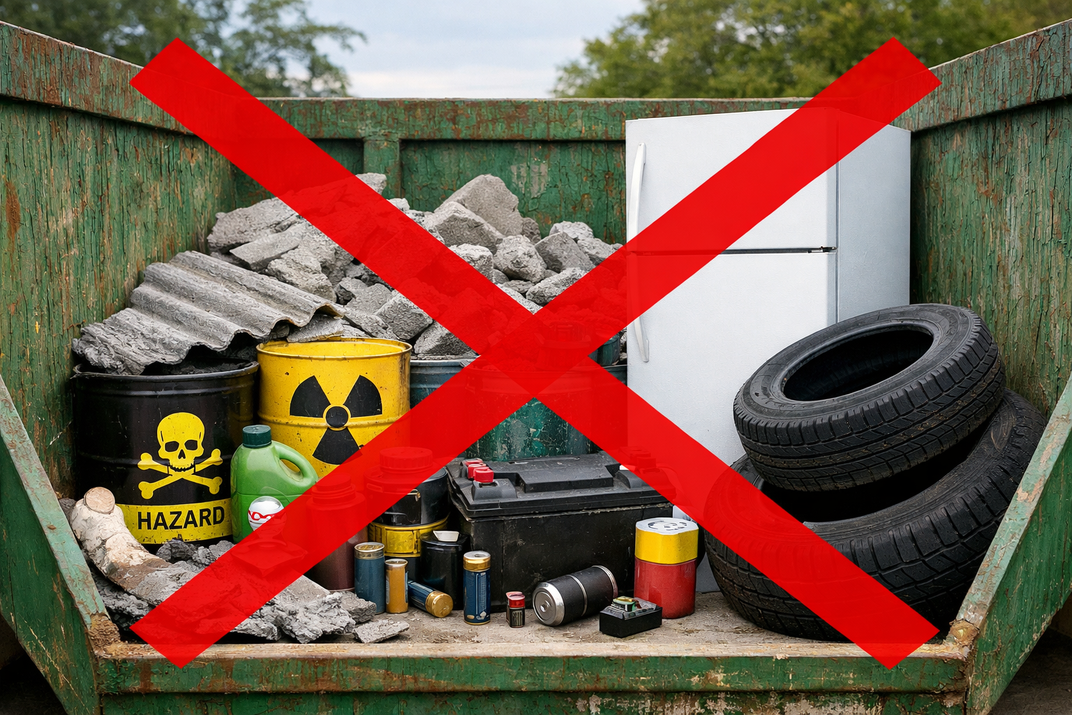 A dumpster filled with hazardous waste, including chemicals, tires, and debris, with a red X over the image.
