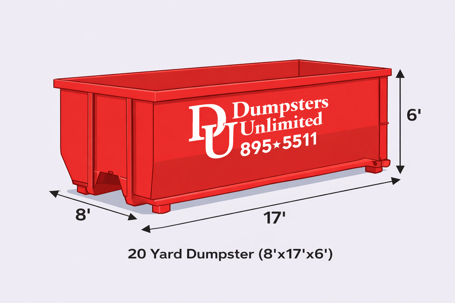 Illustration of a red 20-yard dumpster with dimensions 8 feet wide, 17 feet long, and 6 feet high. The dumpster has white lettering that reads 'Dumpster Unlimited 895-5511' with a large 'DU' logo.