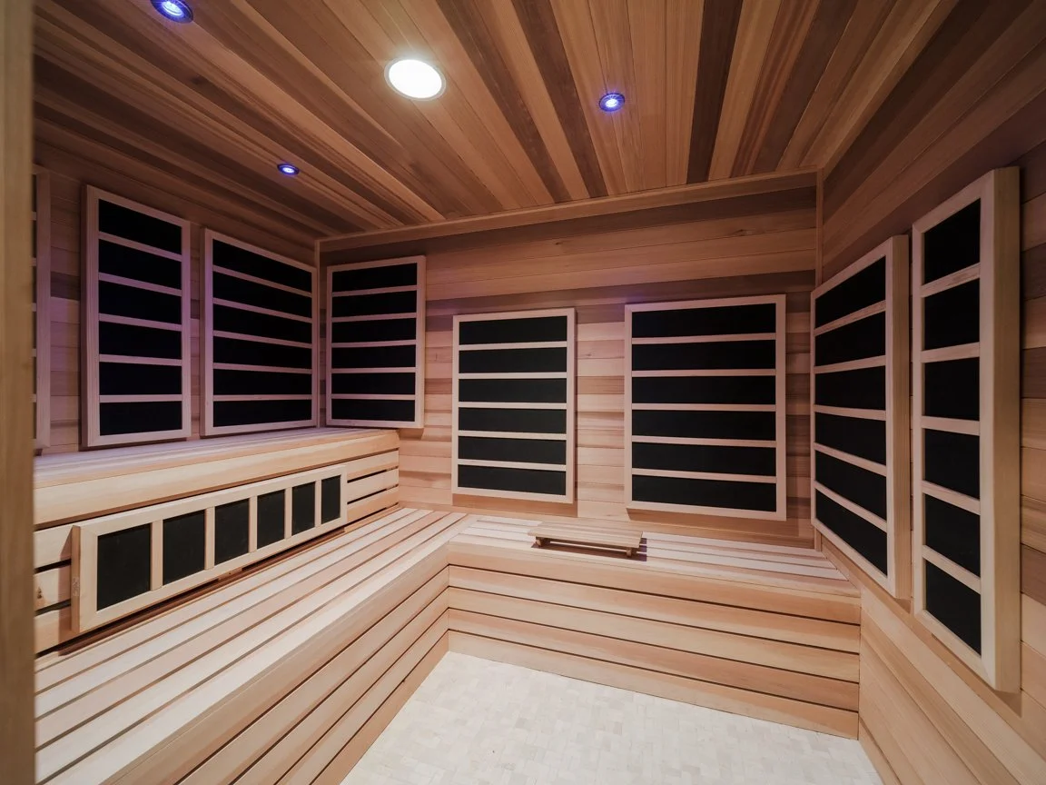 An interior view of a traditional wooden sauna with wooden benches and black acoustic panels on the walls.