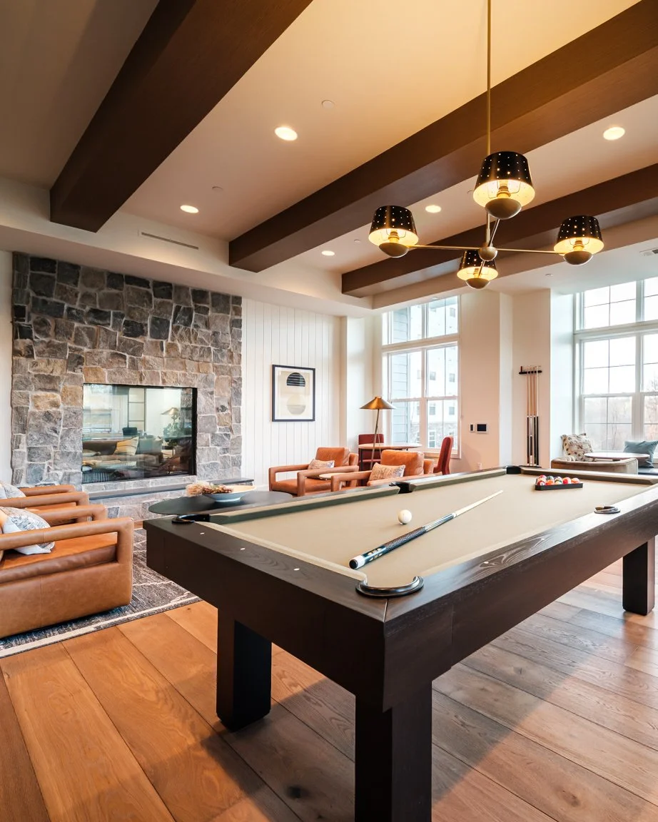 A modern game room featuring a pool table, a comfortable seating area with leather armchairs and a stone fireplace, large windows, and contemporary lighting fixtures.