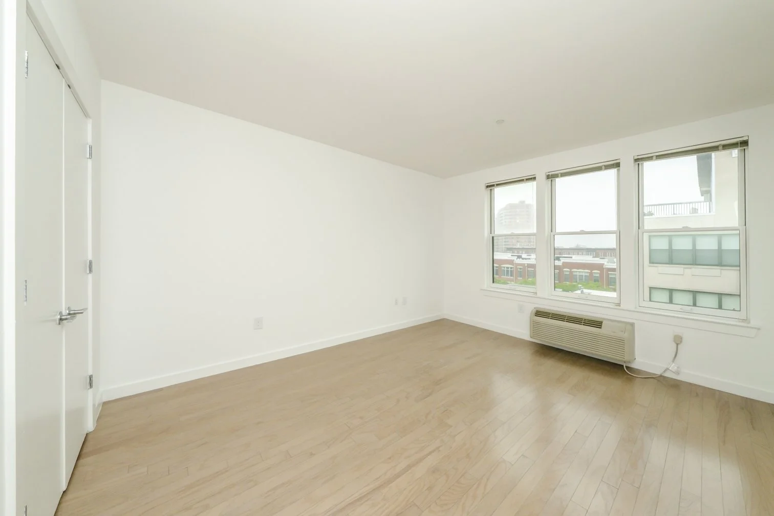 Empty room with white walls, wood flooring, three windows, a wall heater, and a closed door.