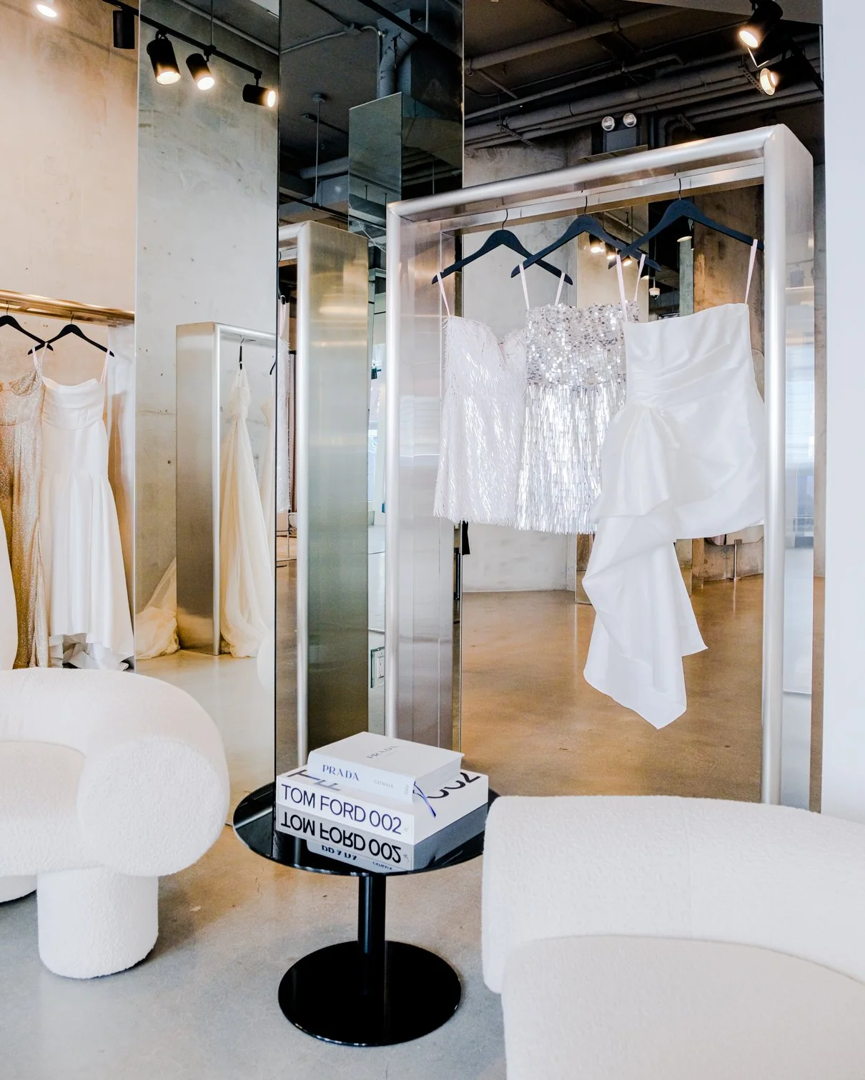 kyha bridal flagship showroom new york concrete mirrored retail interior