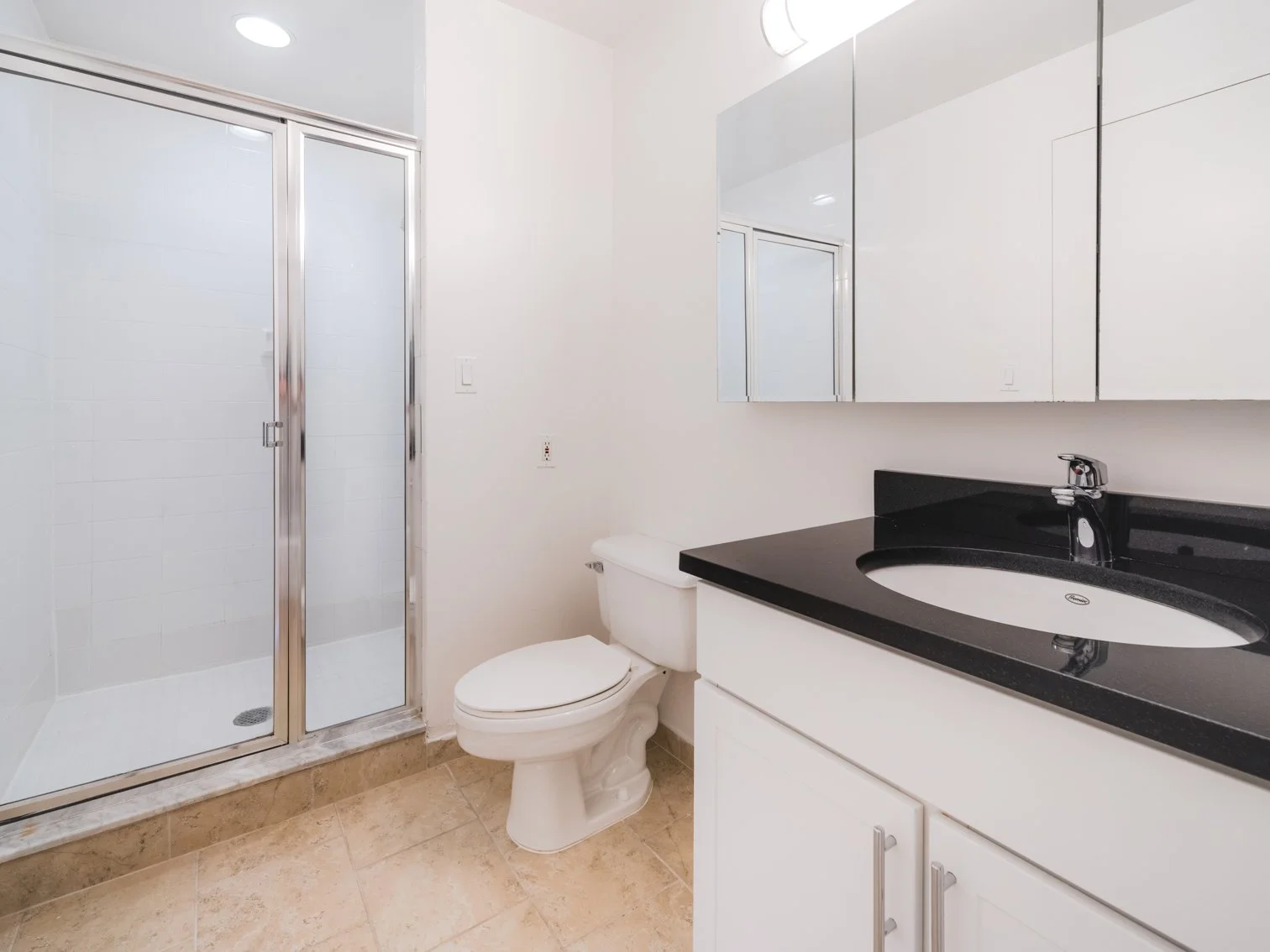 Bathroom with shower enclosure, white toilet, white vanity, black countertop, and mirror cabinets.