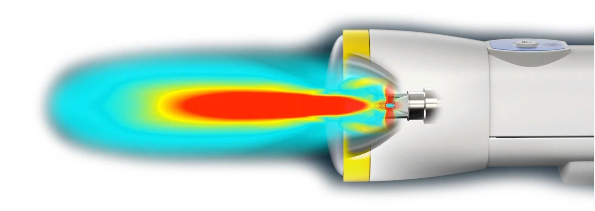Medical imaging machine emitting a colorful scan or radiation beam.