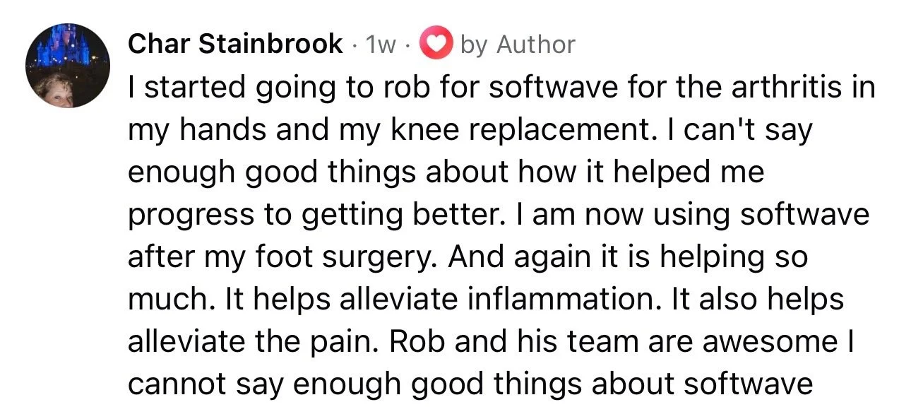 Screenshot of a social media post by Char Stainbrook about using software to manage arthritis symptoms after foot surgery.
