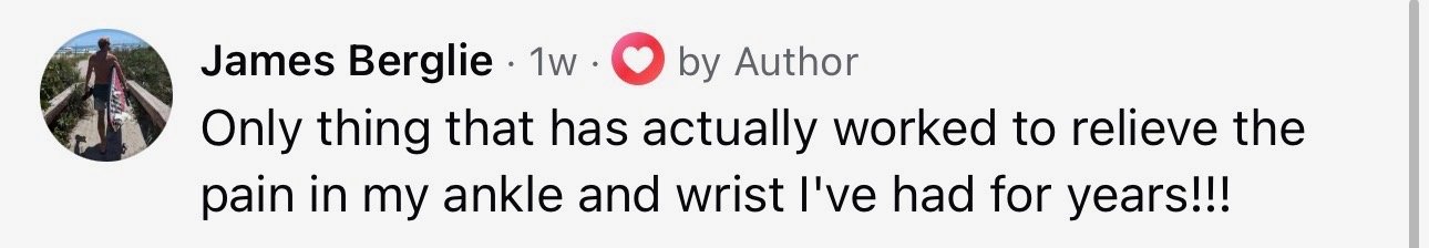Facebook post by James Berglie about relief from ankle and wrist pain.