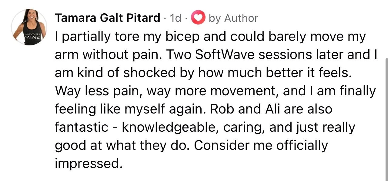 Screenshot of a social media post by Tamara Galt Pitard sharing positive feedback about her recovery from a torn bicep after two SoftWave sessions, mentioning her improved mobility and pain reduction, and praising her trainers Rob and Ali.