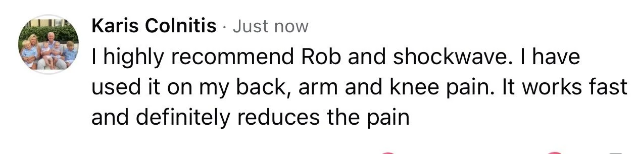 Customer review of shockwave therapy for pain relief, showing a profile picture and testimonial text.