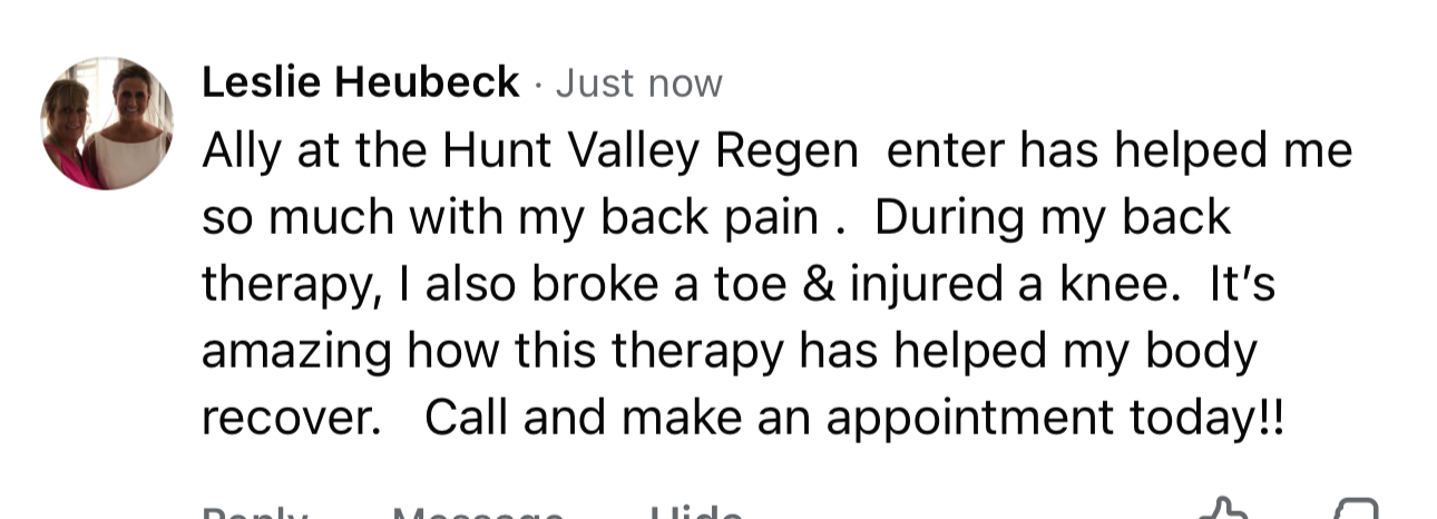 Screenshot of a Facebook post from Leslie Heubeck praising Ally at Hunt Valley Regenenter for helping with back pain, a broken toe, and a knee injury.
