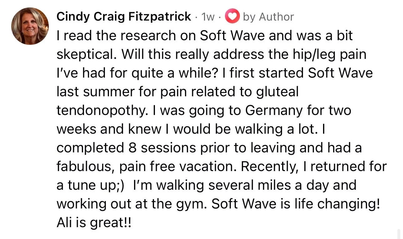 Screenshot of a social media post by Cindy Craig Fitzpatrick discussing her experience with Soft Wave therapy for pain relief, mentioning her progress and results.